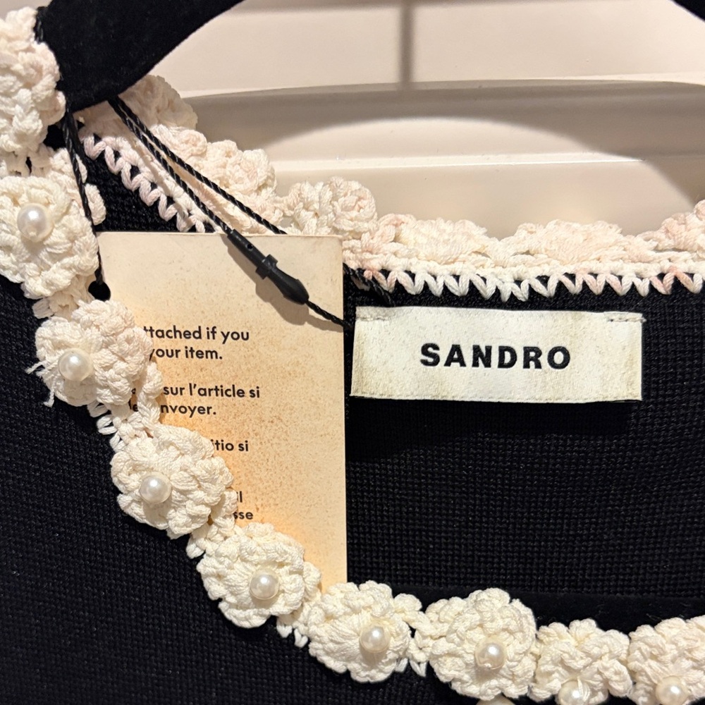 Sandro Black Sleeveless Knit Vest with White Floral Trim and Pearl Buttons - Picture 3 of 3